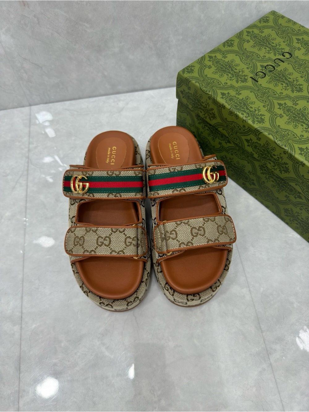 Gucci GG Supreme Web Stripe Platform Slide Sandals